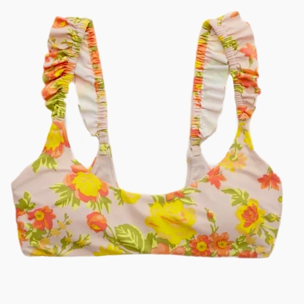 New Aerie Women's Sz L/XL Scoop Bikini Top Floral Tropical Ruffle Strap Swim